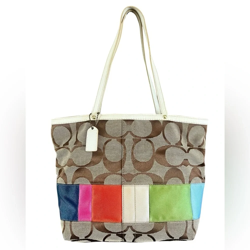 Vintage Coach Brown Signature Canvas Tote with Multicolor Accent Panels